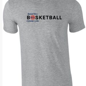 A grey t-shirt with the words " basketball " written on it.