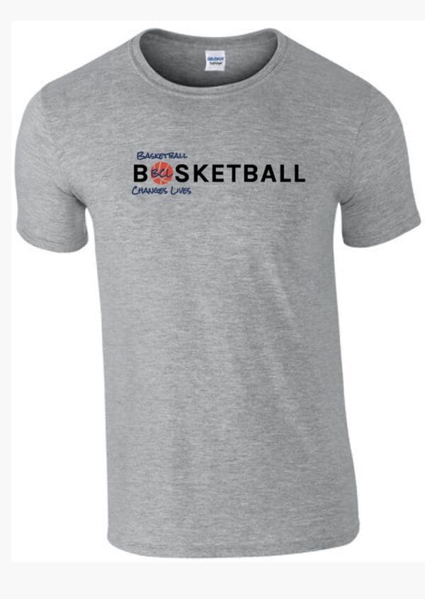 A grey t-shirt with the words " basketball " written on it.