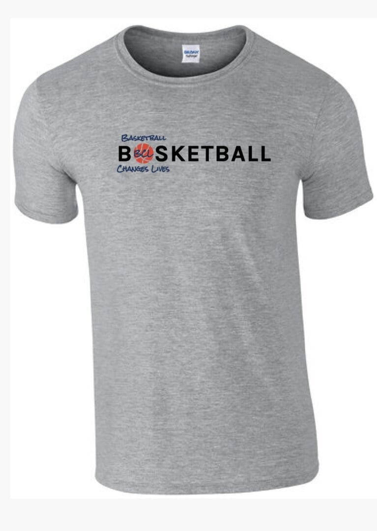 A grey t-shirt with the words " basketball " written on it.