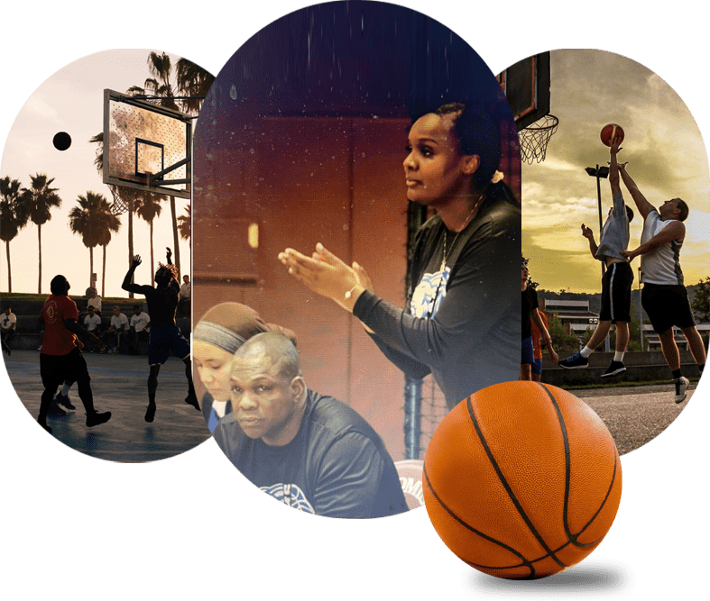 A basketball is shown with three different pictures of people.